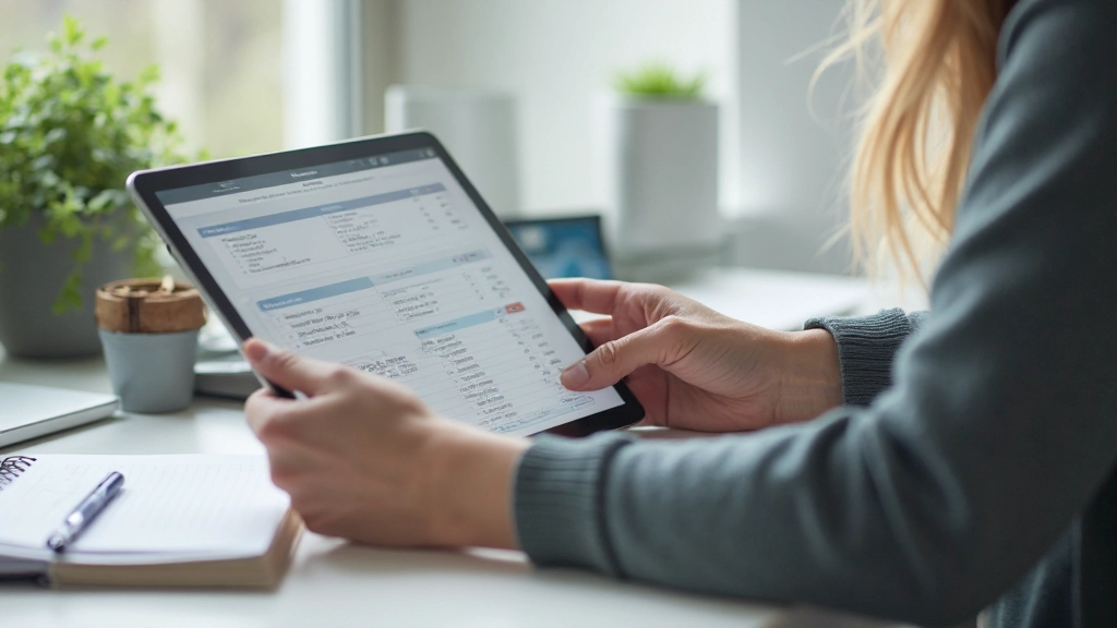 Человек работает с планшетом и финансовой таблицей бюджета