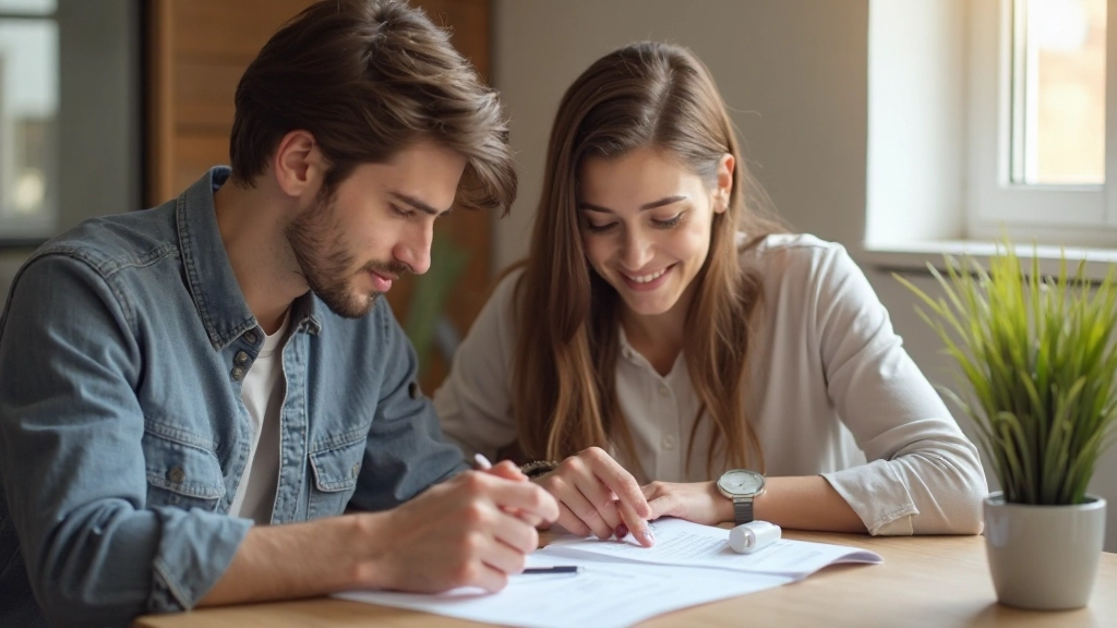 Фото молодой пары, обсуждающей финансовый план с документами на столе в домашней обстановке