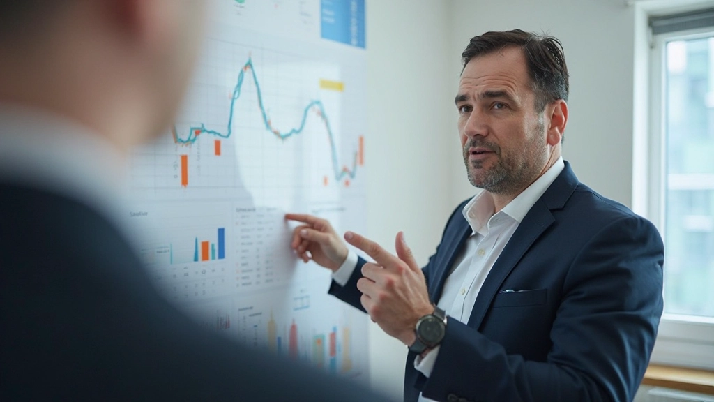 Профессиональное фото финансового консультанта, объясняющего инвестиционные стратегии клиенту в офисе