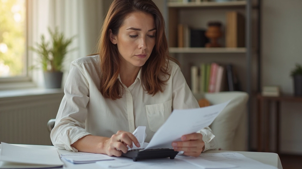 Фото женщины с калькулятором и квитанциями, анализирующей домашний бюджет за столом