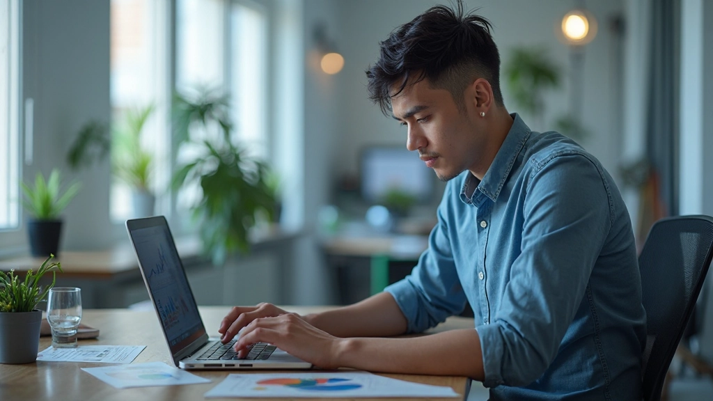 Молодой человек анализирует финансовый план на ноутбуке в современном офисе с естественным освещением